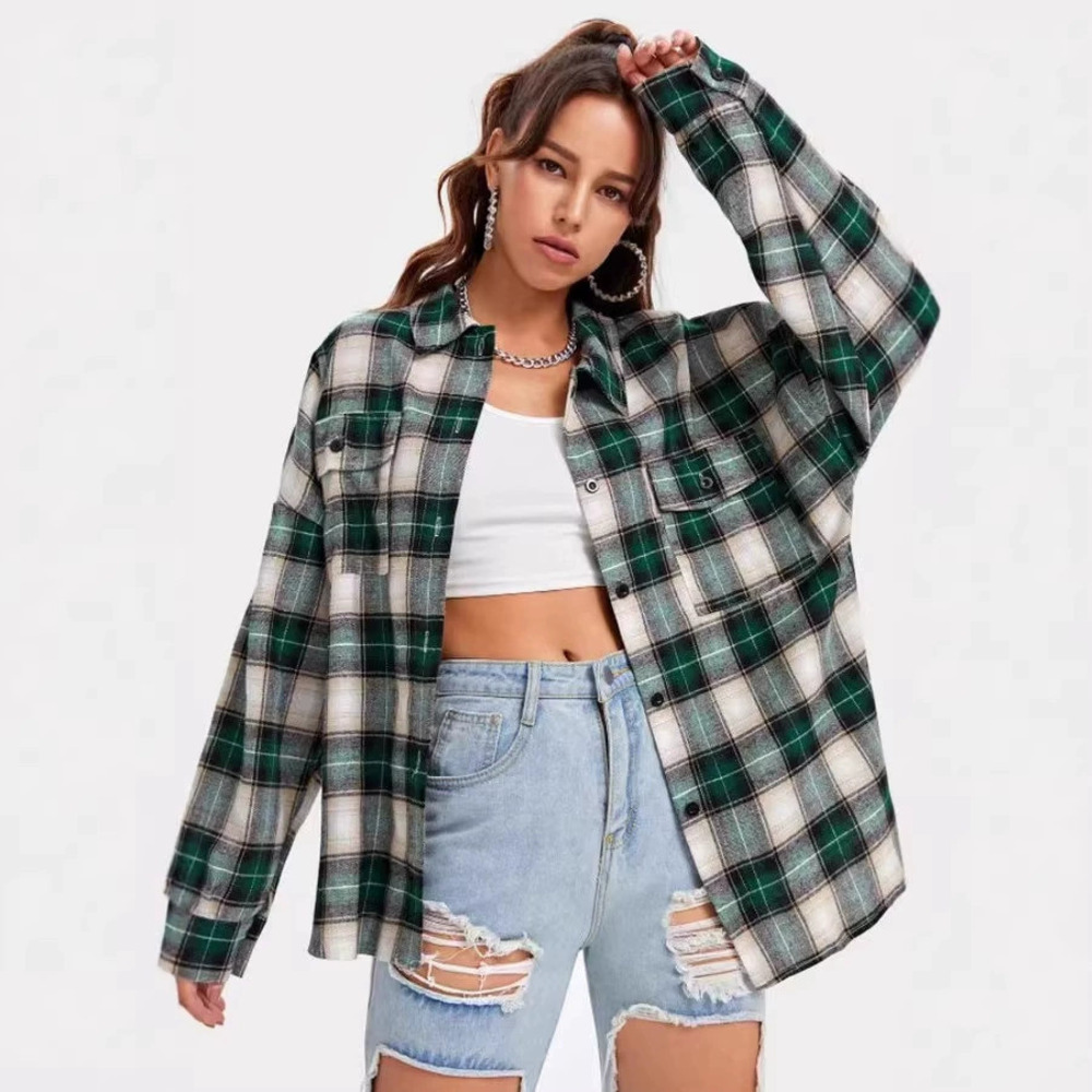 Forever 21 Spring Fall Plaid Oversized Cardigan Long-Sleeve Lapel Collar
